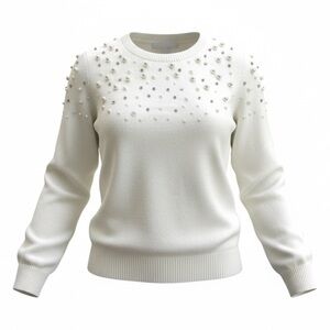 Talbots Pearl Rhinestone Embellished Sweater M Ivory Beaded Crewneck Knit